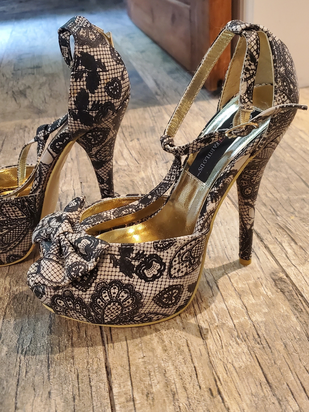 JustFab Black & Cream Lace-Print Platform Stiletto Sandals